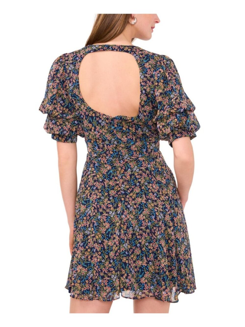 1.STATE Women's Bubble-Sleeve Back-Cutout Floral Mini Dress Navy Size XL $89 - Picture 2 of 5